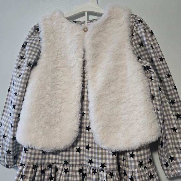 Cat & Jack Gray and White Checkered Star Print 3-Pc Dress, Vest, Tights Size 5T - Picture 4 of 15